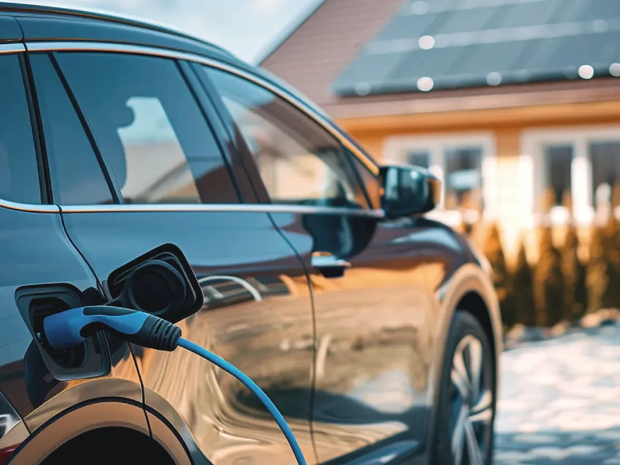 Elektroauto an einem Haus mit Solarmodulen