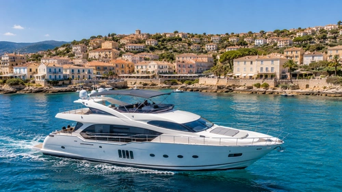 Yacht naviguant près d’une ville côtière de la Côte d’Azur